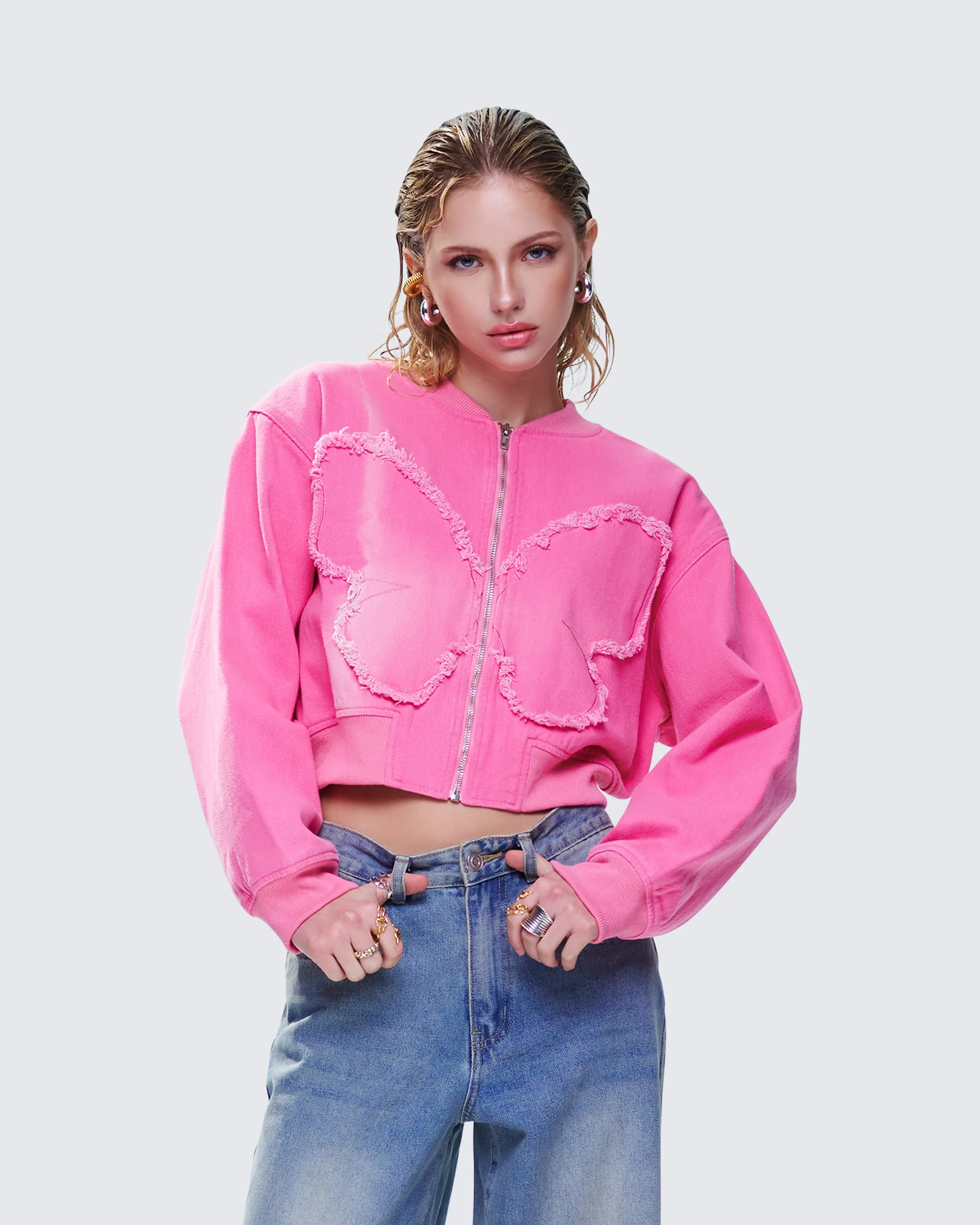 Uzma Pink Denim Cropped Bomber Jacket sold by Finesse product image thumbnail 5
