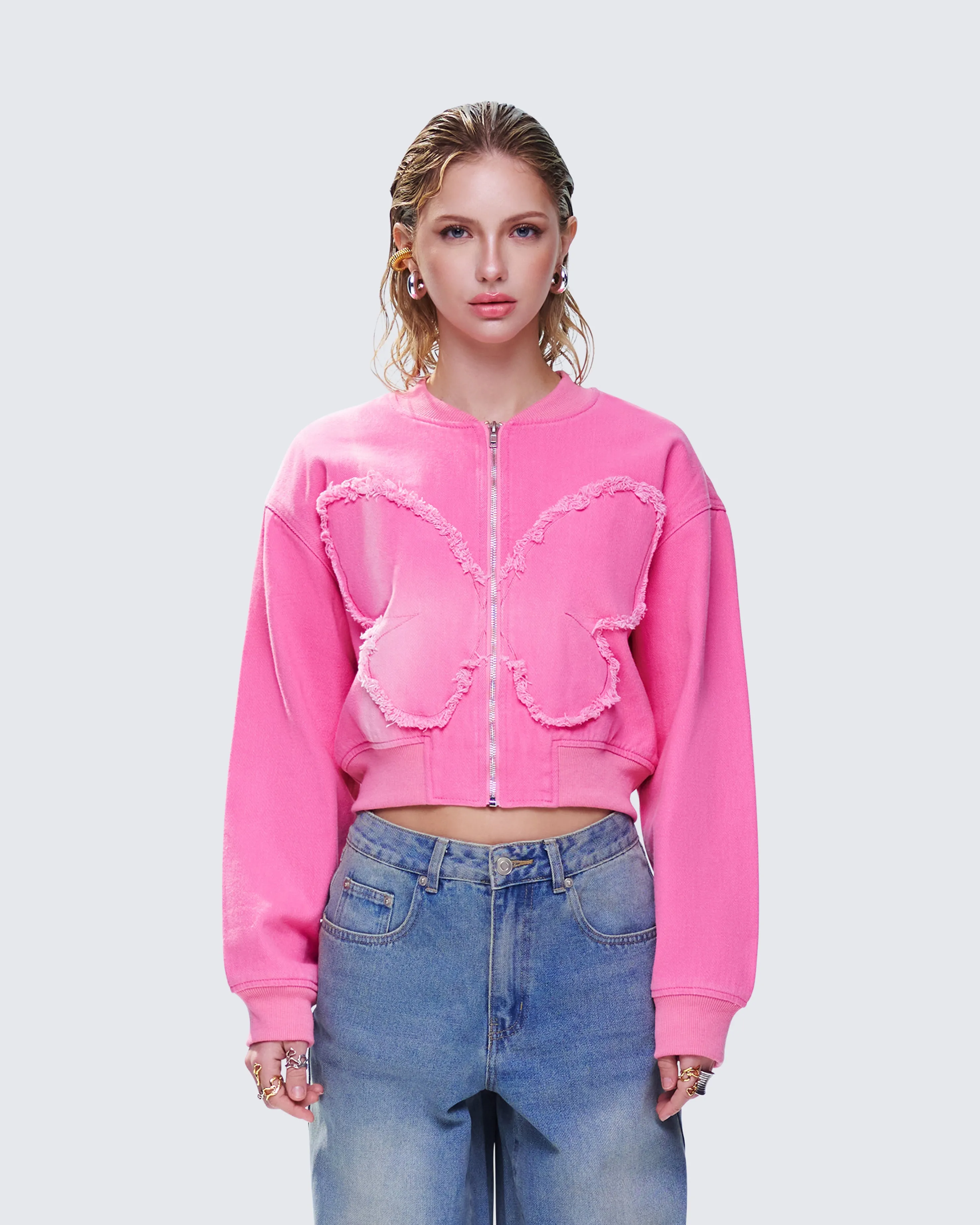 Uzma Pink Denim Cropped Bomber Jacket sold by Finesse product image thumbnail 4