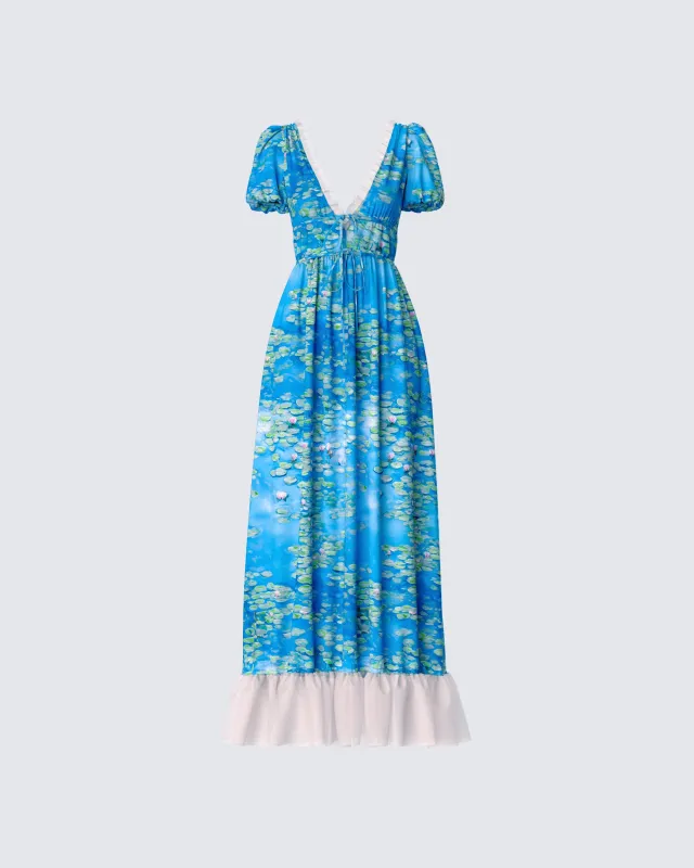 Loire Blue Water Lilies Print Maxi Dress sold by Finesse