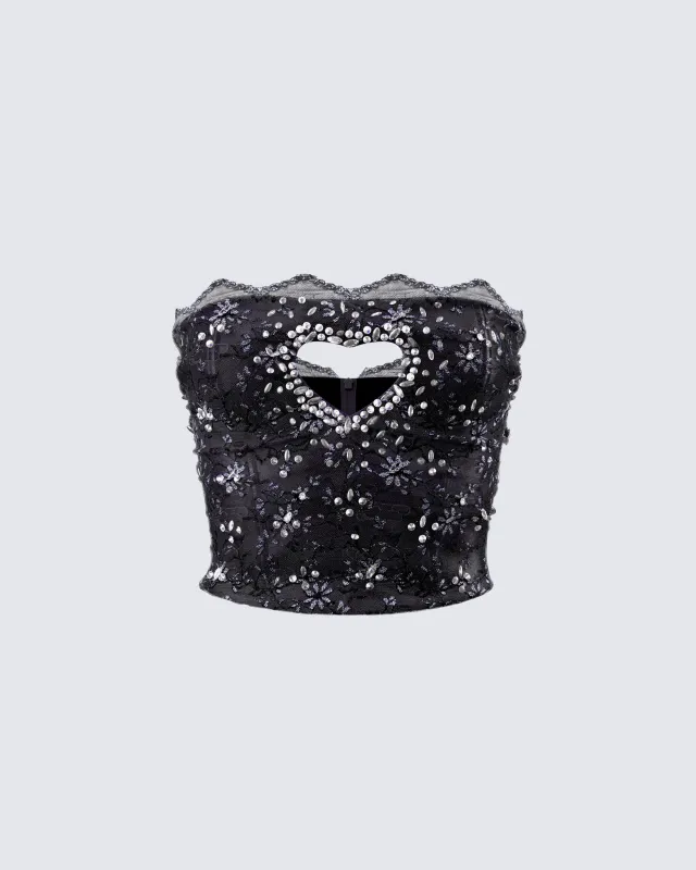 Love Hand Beaded Rhinestone Black Corset Top sold by Finesse