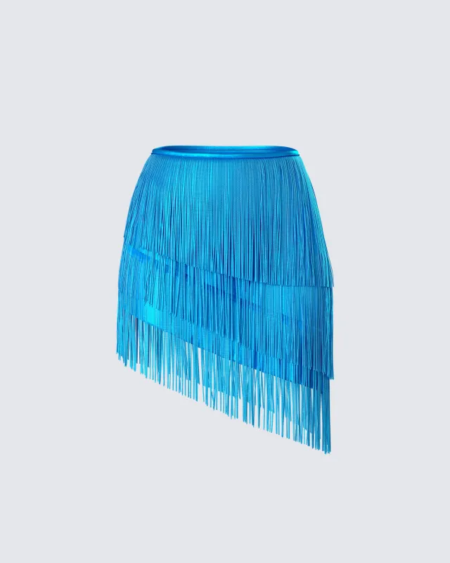 Laleh Teal Fringe Asymmetrical Skirt sold by Finesse