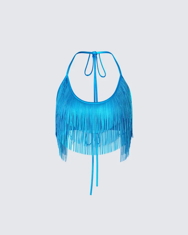 Laleh Teal Fringe Top sold by Finesse