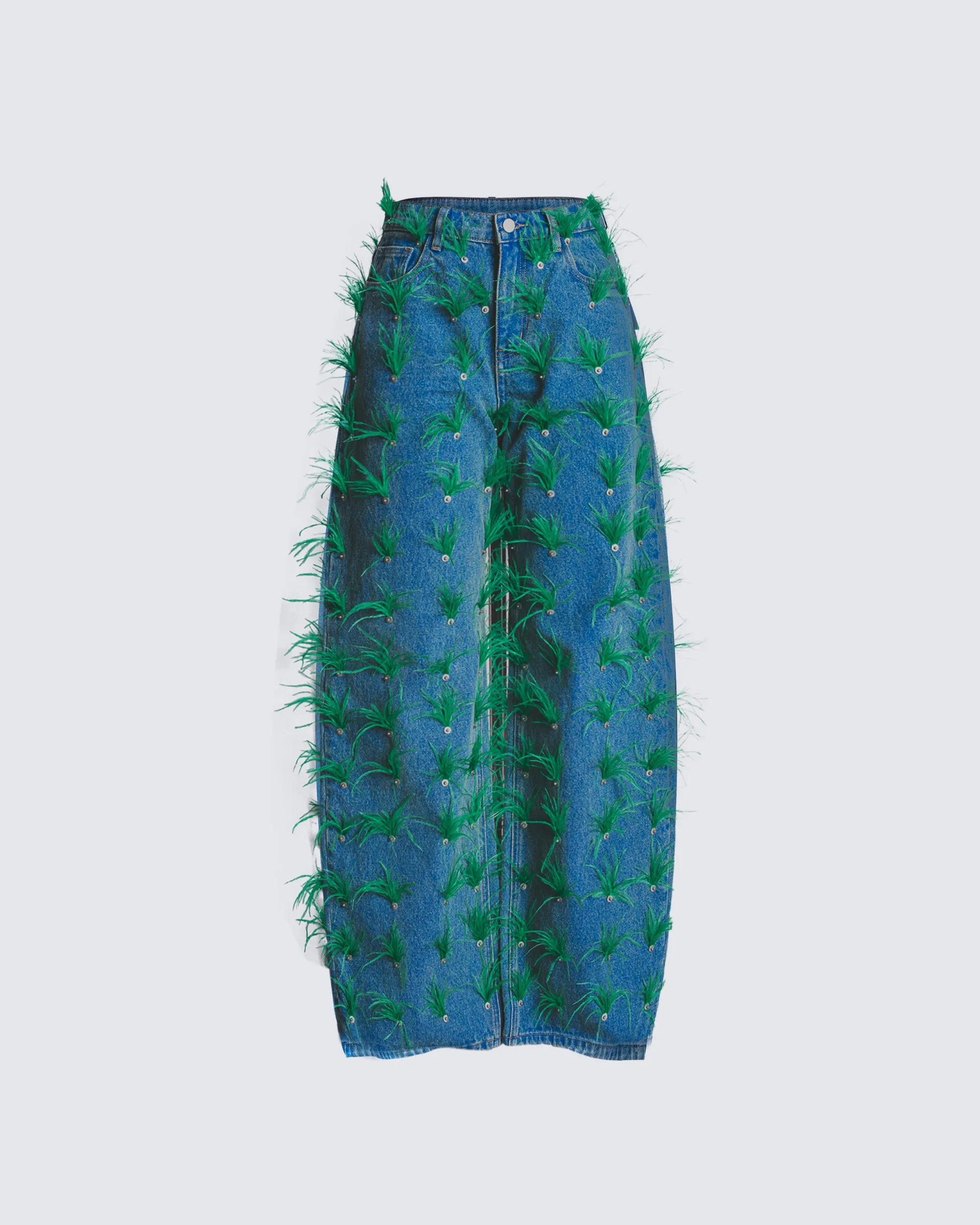 Zia Blue Denim Feather Straight Leg Pant sold by Finesse