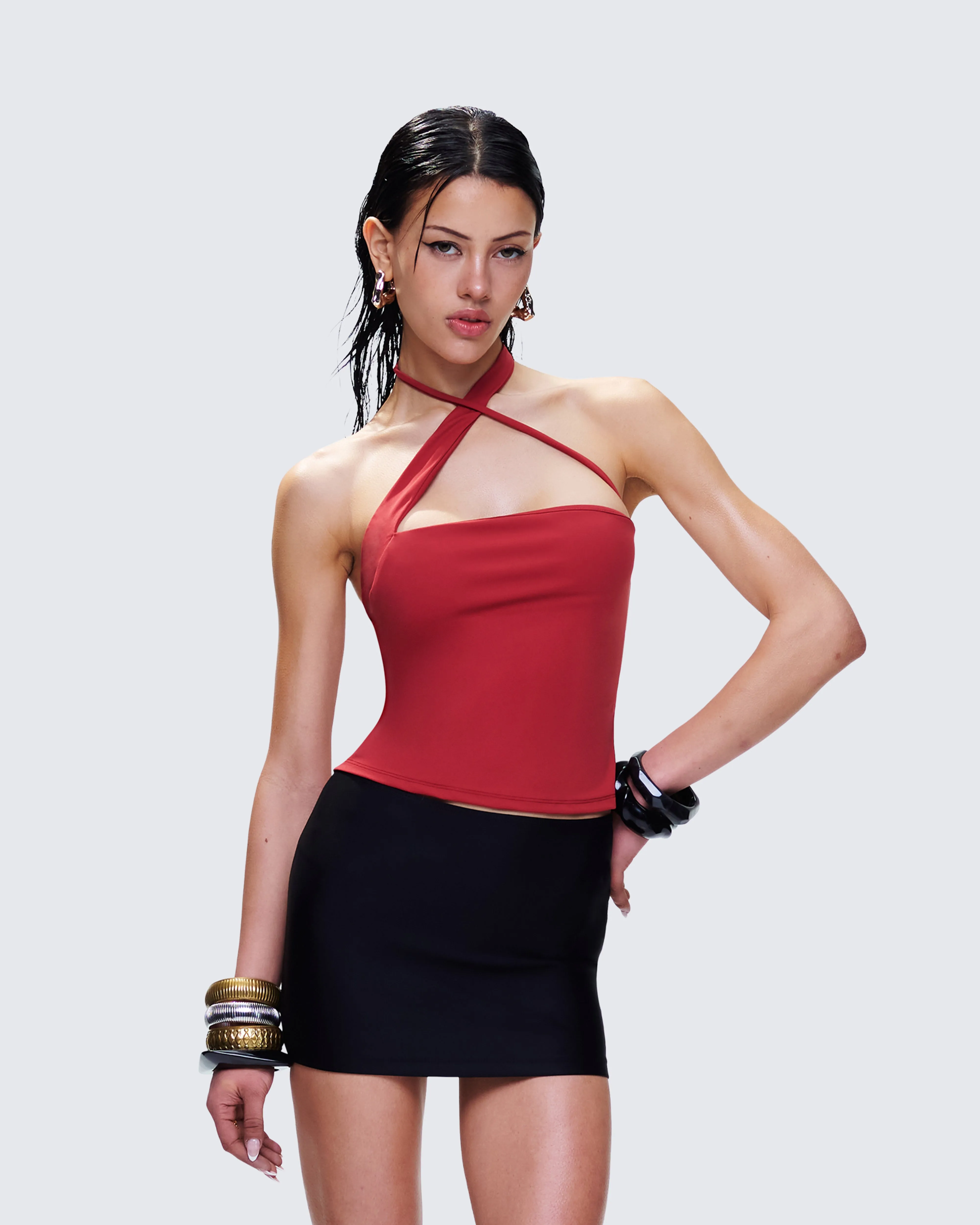 Idalia Red Asymmetrical Halter Top sold by Finesse product image thumbnail 5