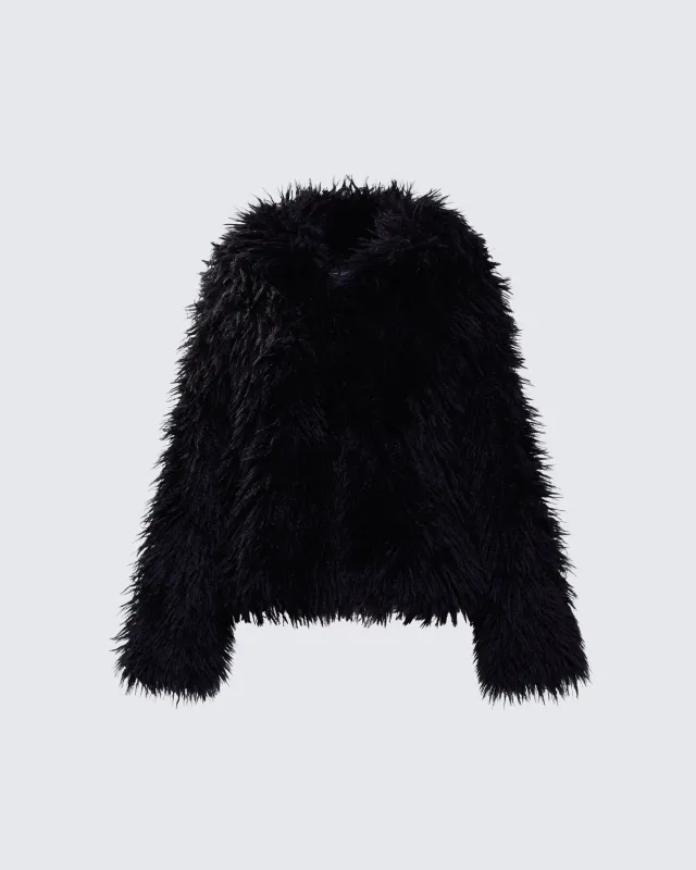 Fae Black Boxy Faux Fur Coat sold by Finesse