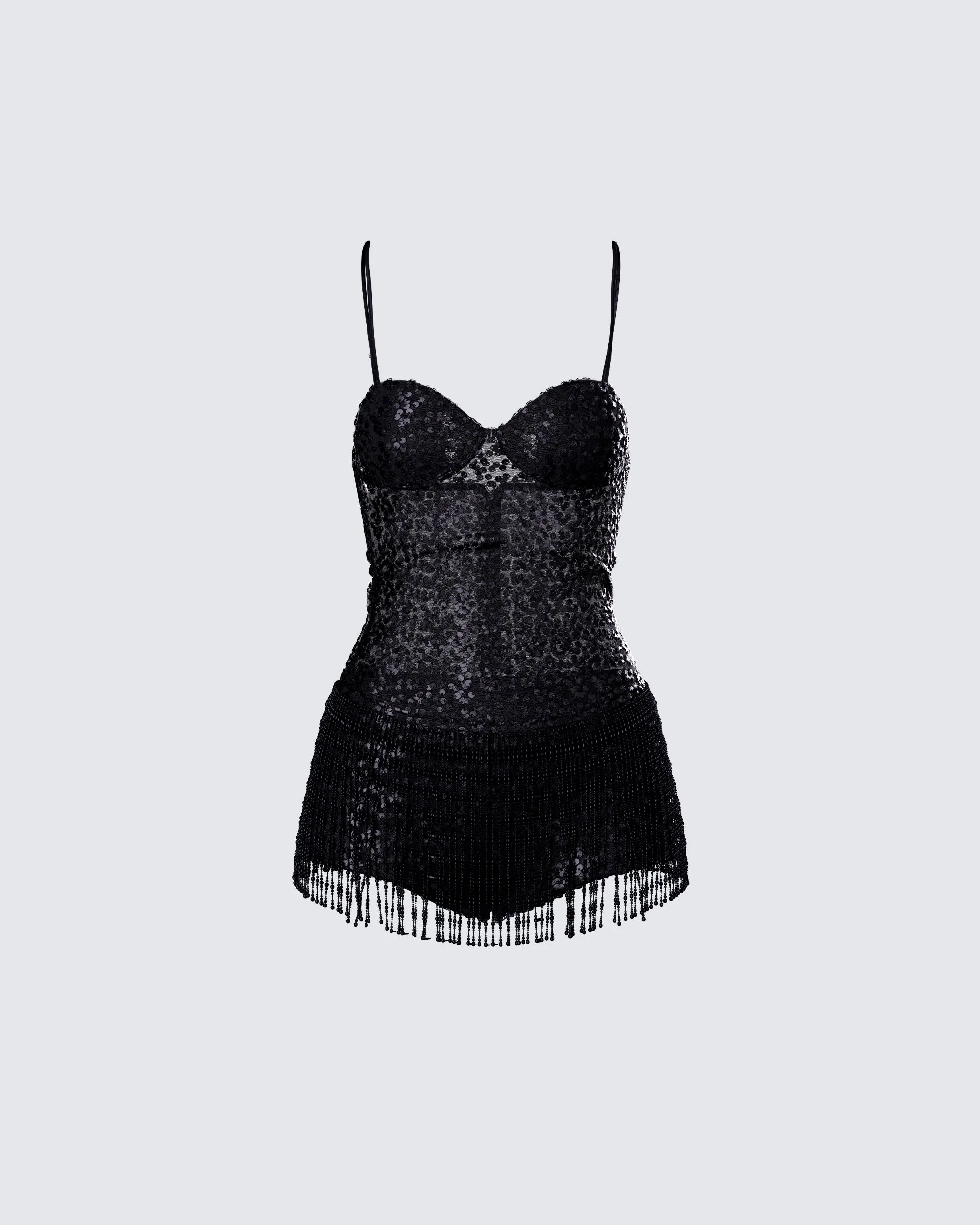 Andrina Black Sequin Fringe Romper sold by Finesse