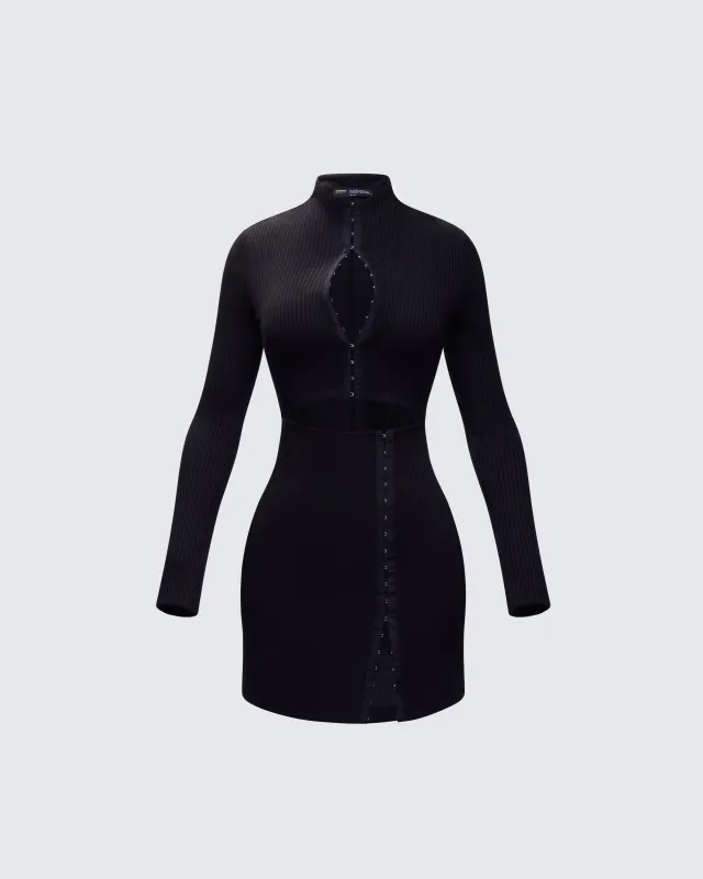 Eithne Black Rib Eyelet Front Mini Dress sold by Finesse