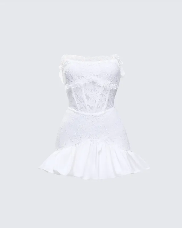 Kimi White Lace Corset Mini Dress sold by Finesse