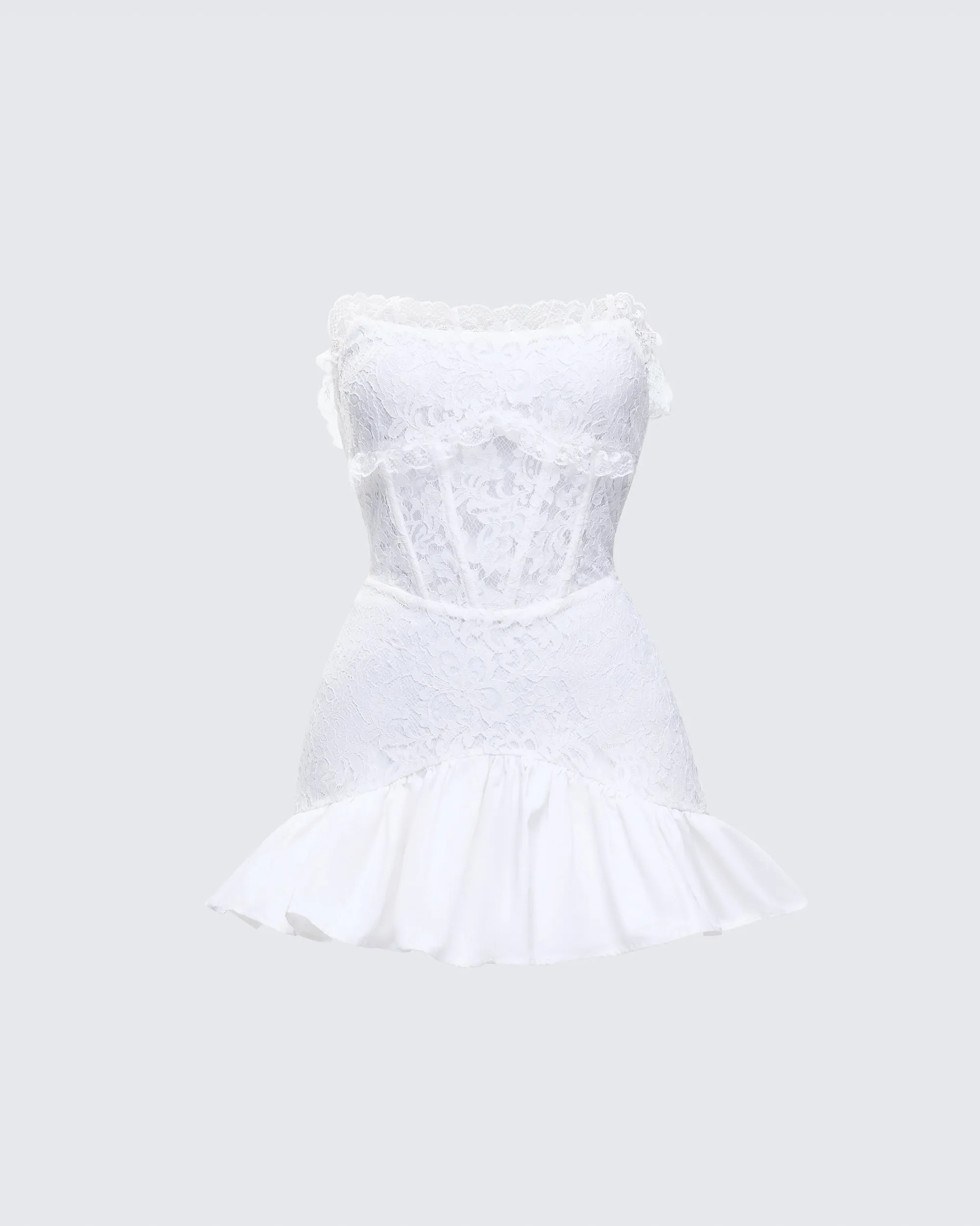Kimi White Lace Corset Mini Dress sold by Finesse