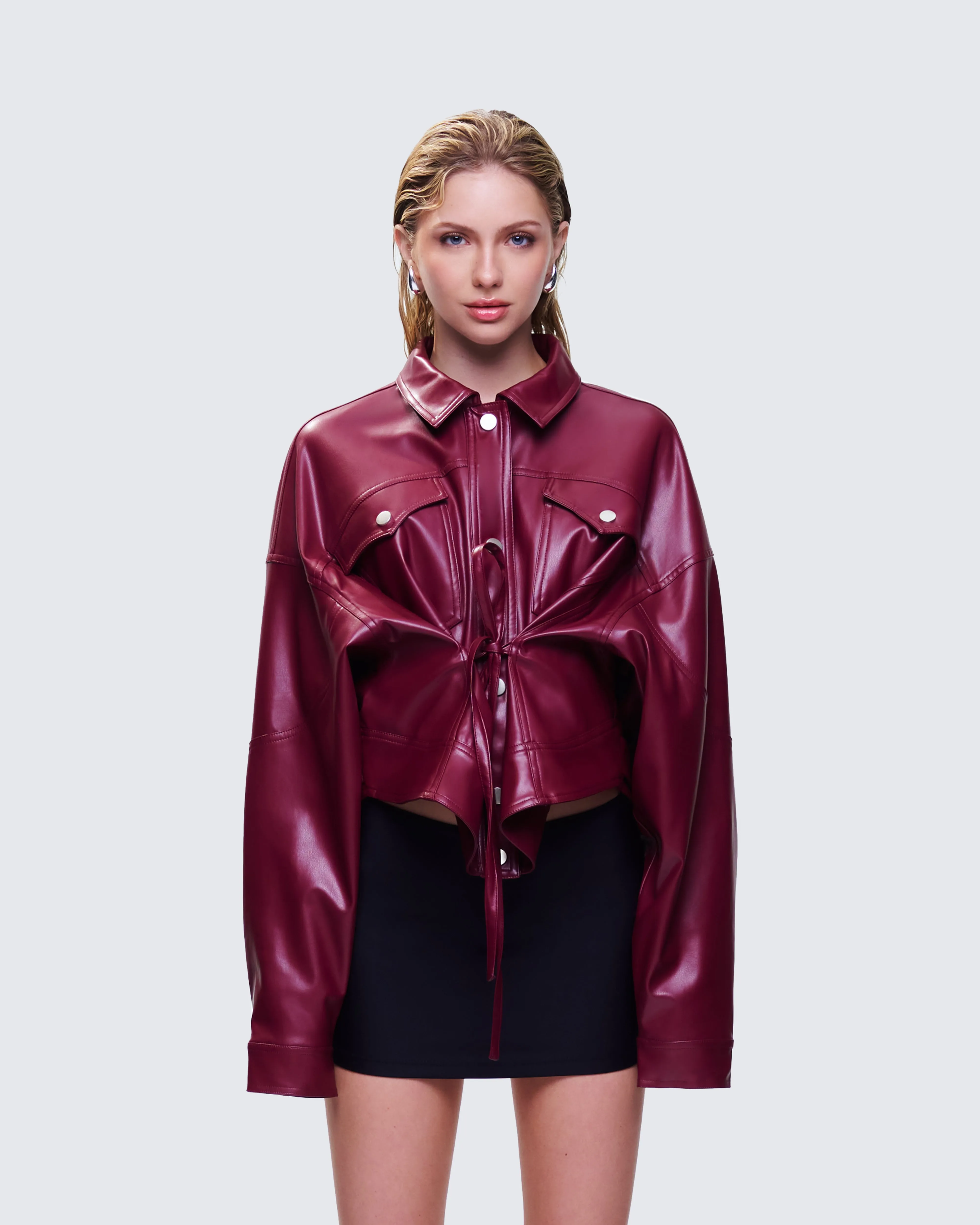 Zui Maroon Vegan Leather Oversized Cropped Jacket sold by Finesse product image thumbnail 4