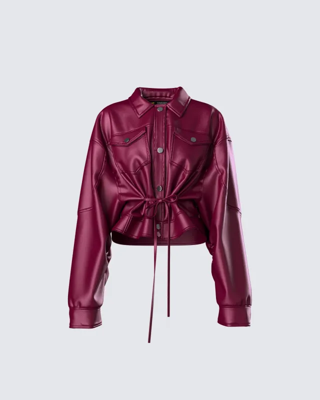 Zui Maroon Vegan Leather Oversized Cropped Jacket sold by Finesse