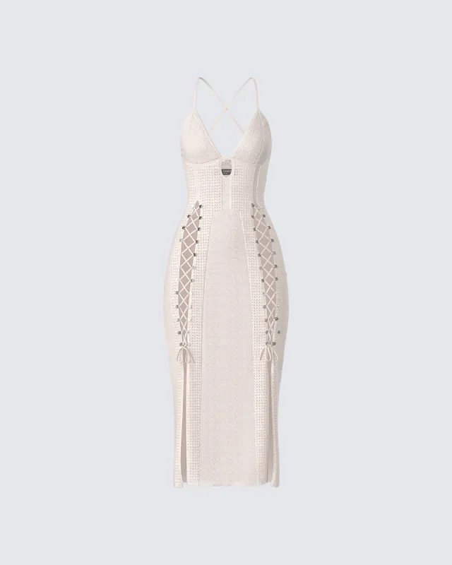 Jing Ivory Crochet Knit Midi Dress sold by Finesse