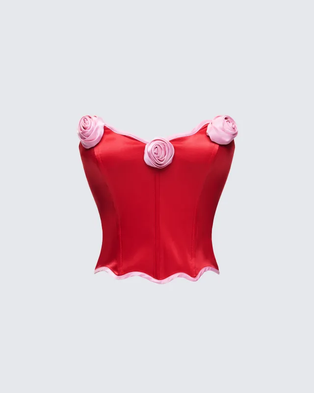 Villie Red Rose Detail Scalloped Edge Corset Top sold by Finesse