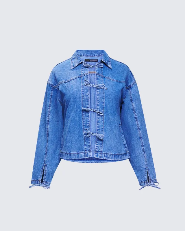 Freesia Blue Bow Tied Denim Shirt Jacket sold by Finesse