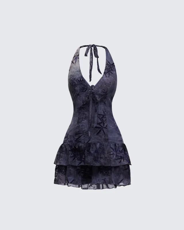 Amaline Grey Halter Tiered Mini Dress sold by Finesse