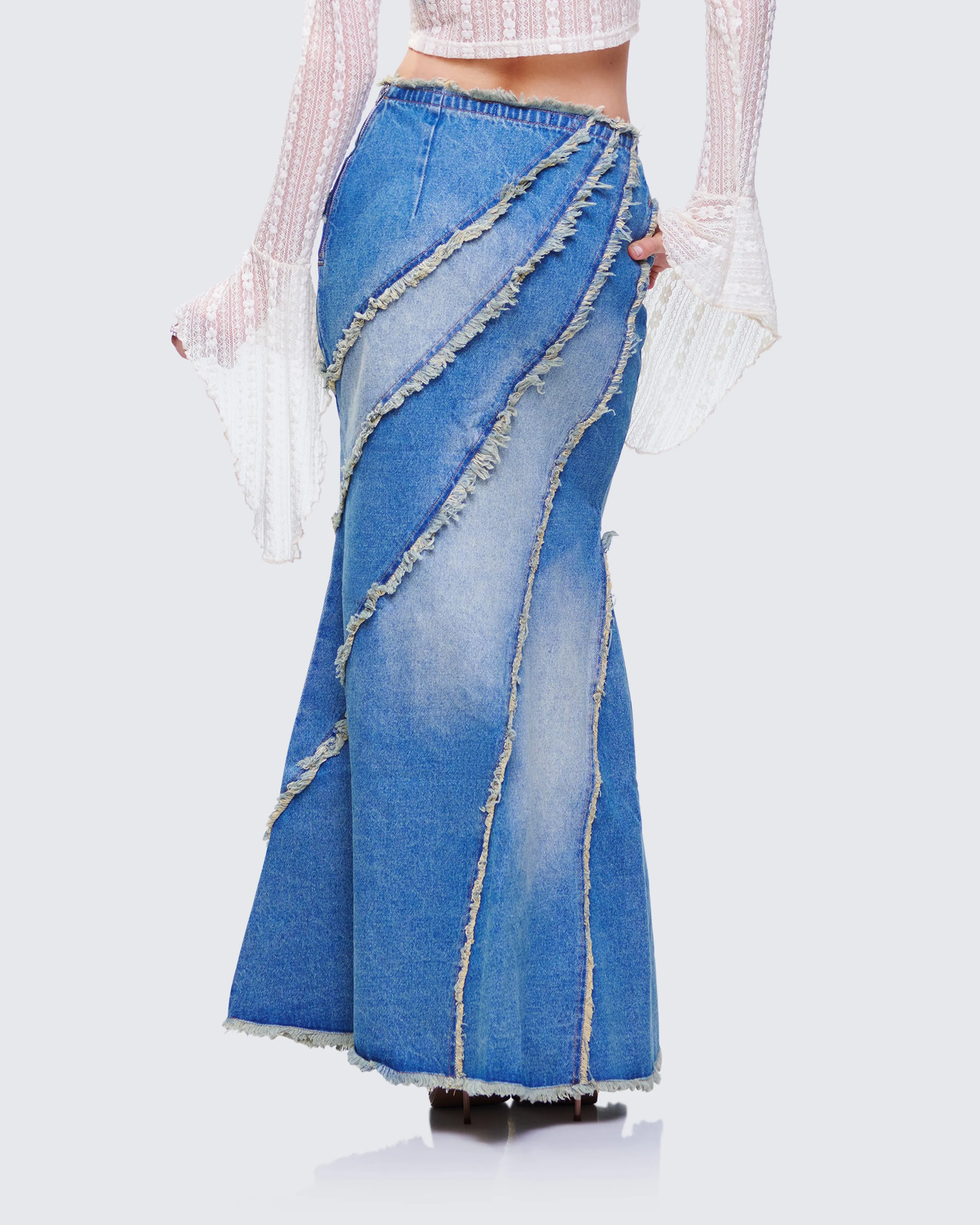 Briony Blue Denim Frayed Maxi Skirt sold by Finesse product image thumbnail 4