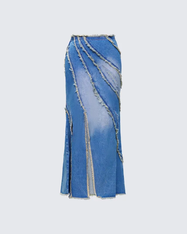 Briony Blue Denim Frayed Maxi Skirt sold by Finesse
