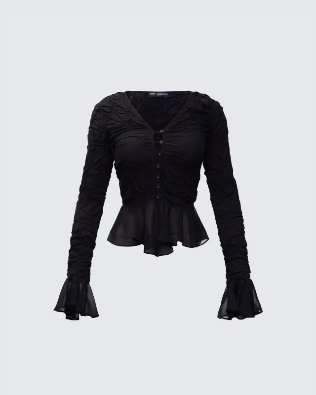 Eilis Black Texture Flute Cuff Blouse sold by Finesse