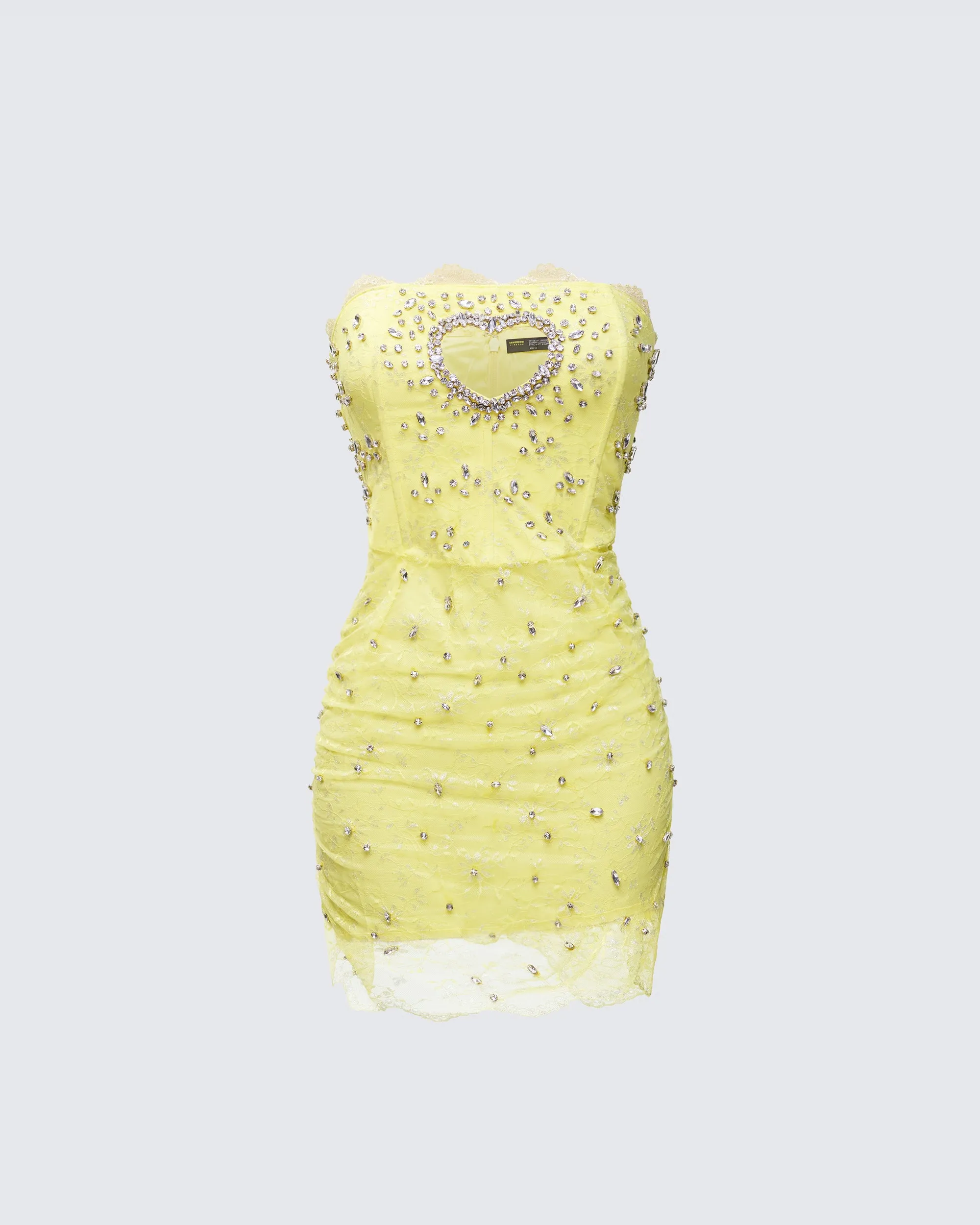 Clover Hand Beaded Rhinestone Yellow Mini Dress sold by Finesse