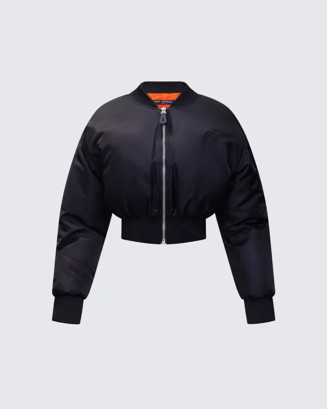 Khione Black Flight Satin Cropped Bomber Jacket sold by Finesse