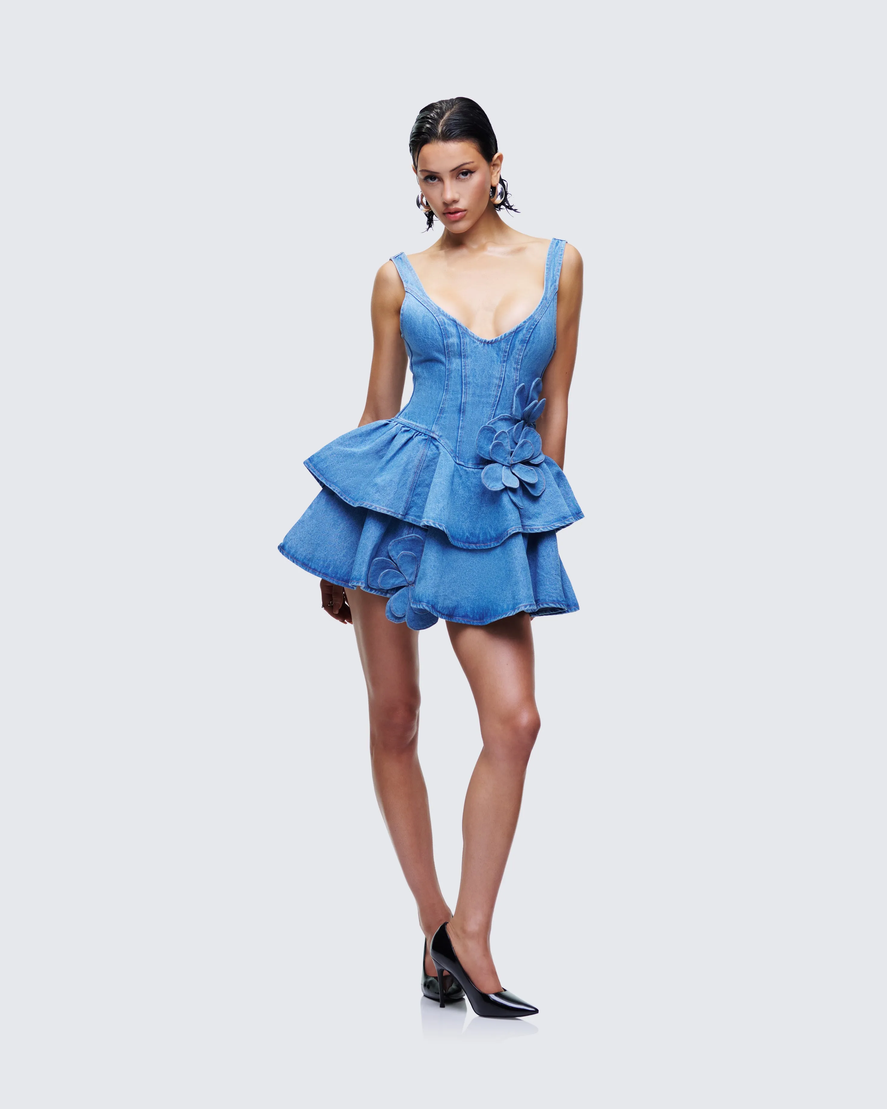 Emelina Blue Denim Flower Frill Mini Dress sold by Finesse product image thumbnail 3