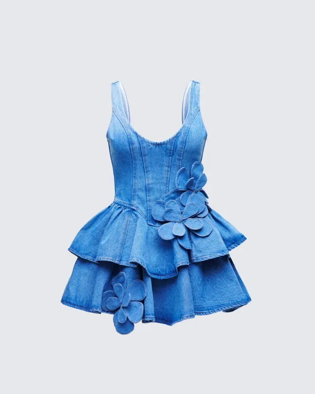 Emelina Blue Denim Flower Frill Mini Dress sold by Finesse