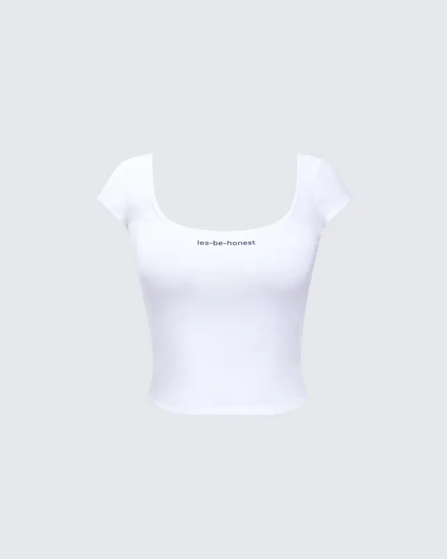 Levi White Slogan Scoop Neck Tee made by Finesse