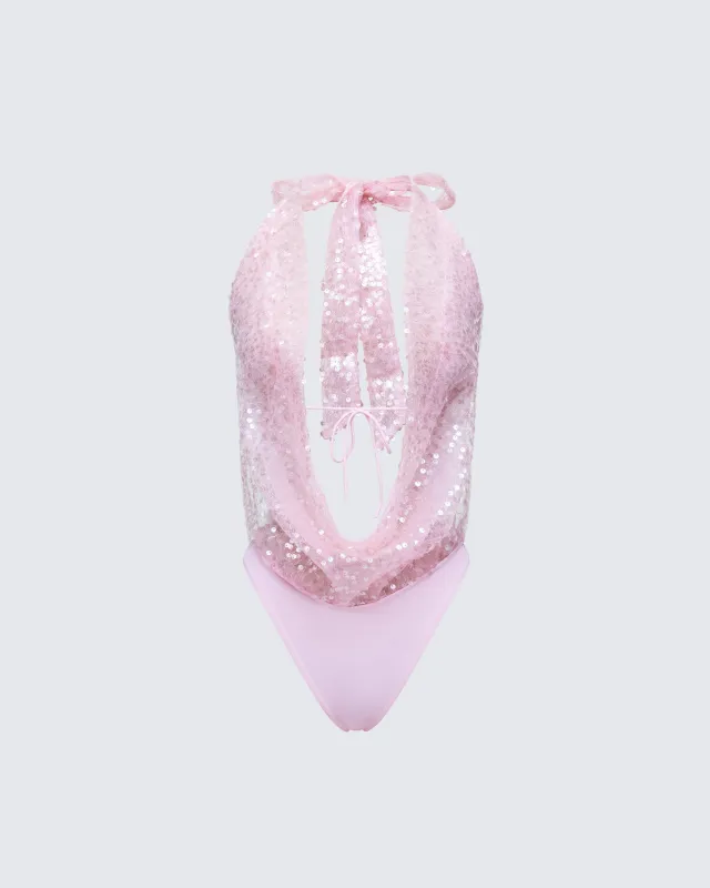 Alieka Pink Sequin Halter Bodysuit sold by Finesse