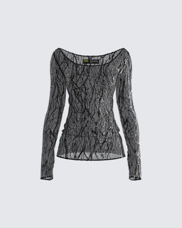 Francesca Black Sequin Sheer Top sold by Finesse