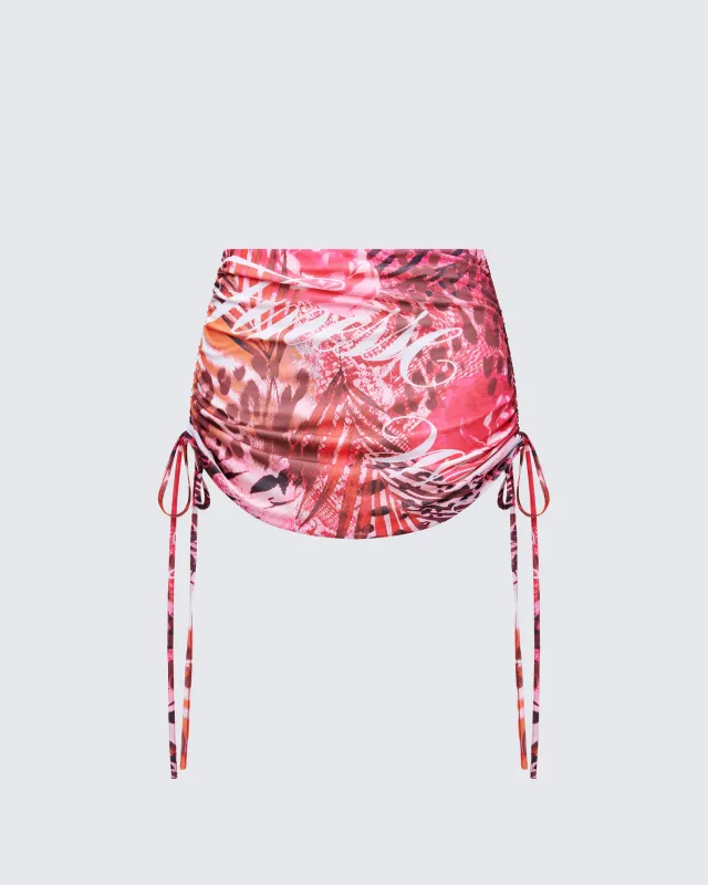 Cece Orange Printed Ruched Mini Skirt sold by Finesse
