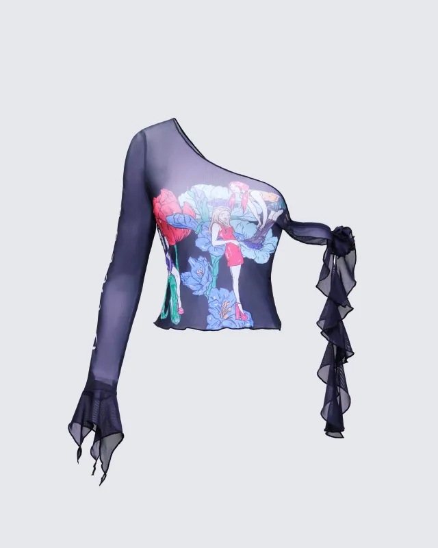 Sylphine Black Printed Mesh Asymmetric Top sold by Finesse