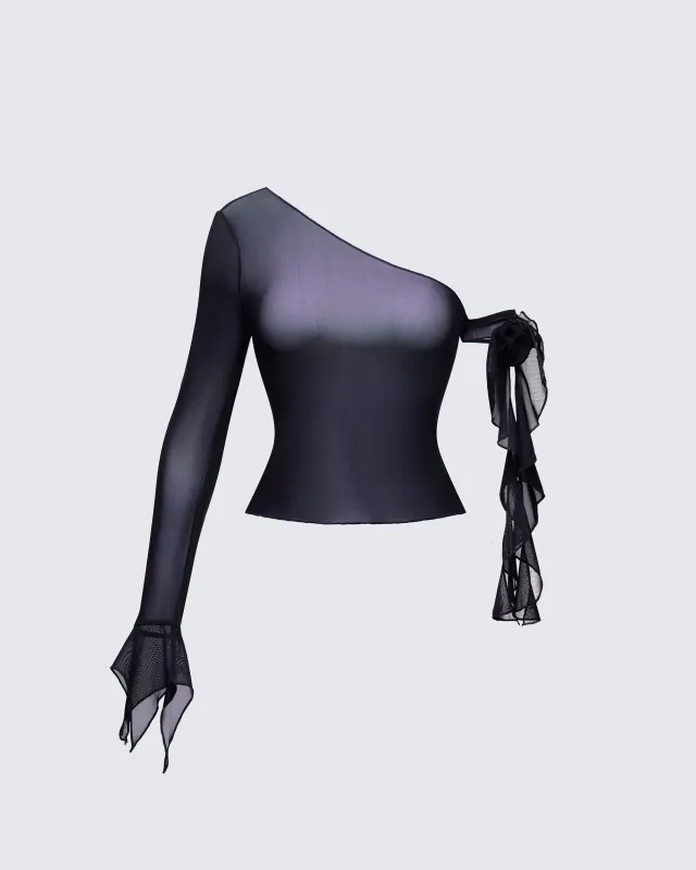 Sylphine Black Mesh Asymmetric Top sold by Finesse