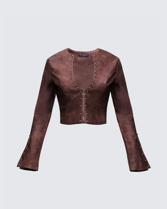 Viatrix Brown Vegan Leather Studded Jacket sold by Finesse