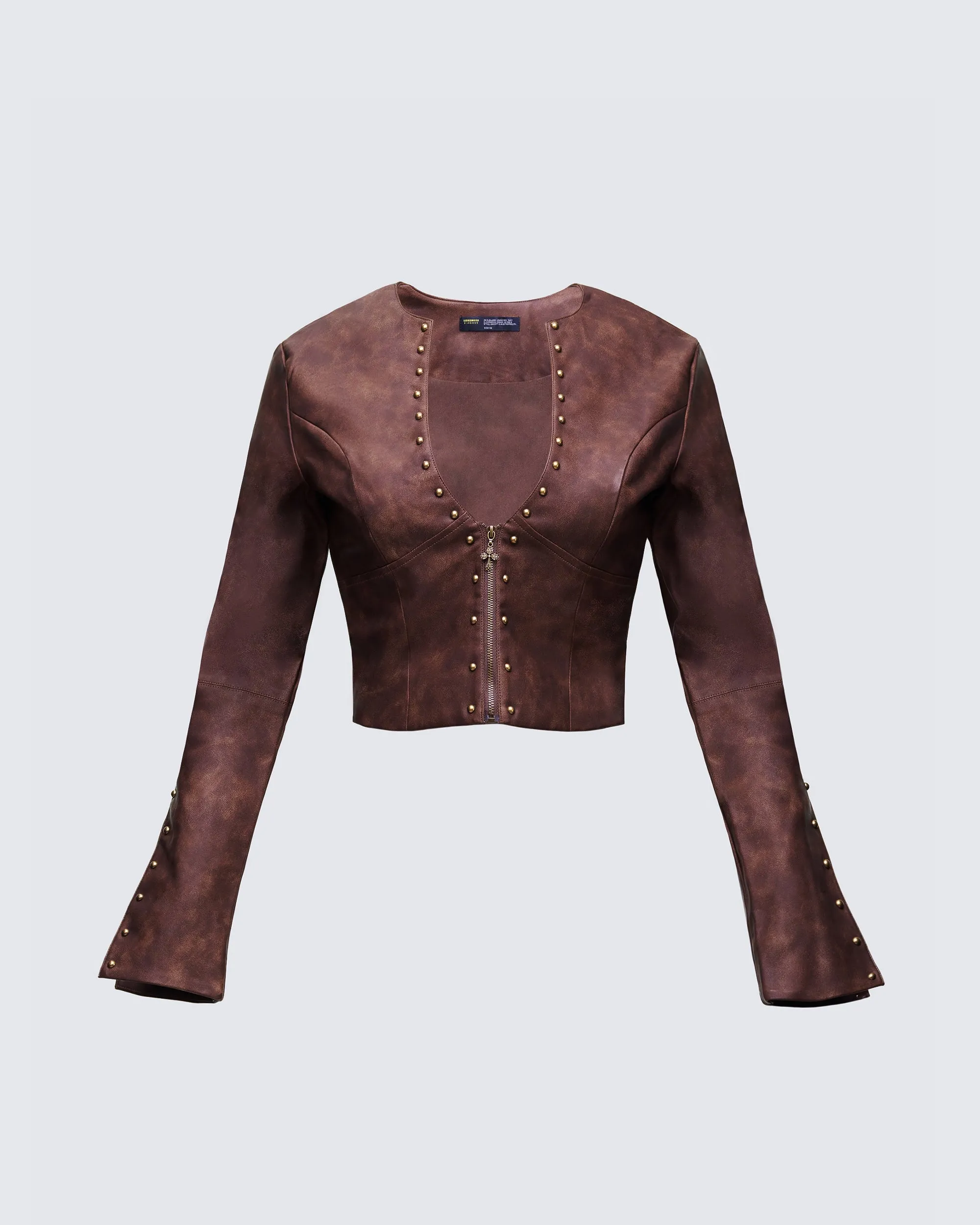 Viatrix Brown Vegan Leather Studded Jacket sold by Finesse