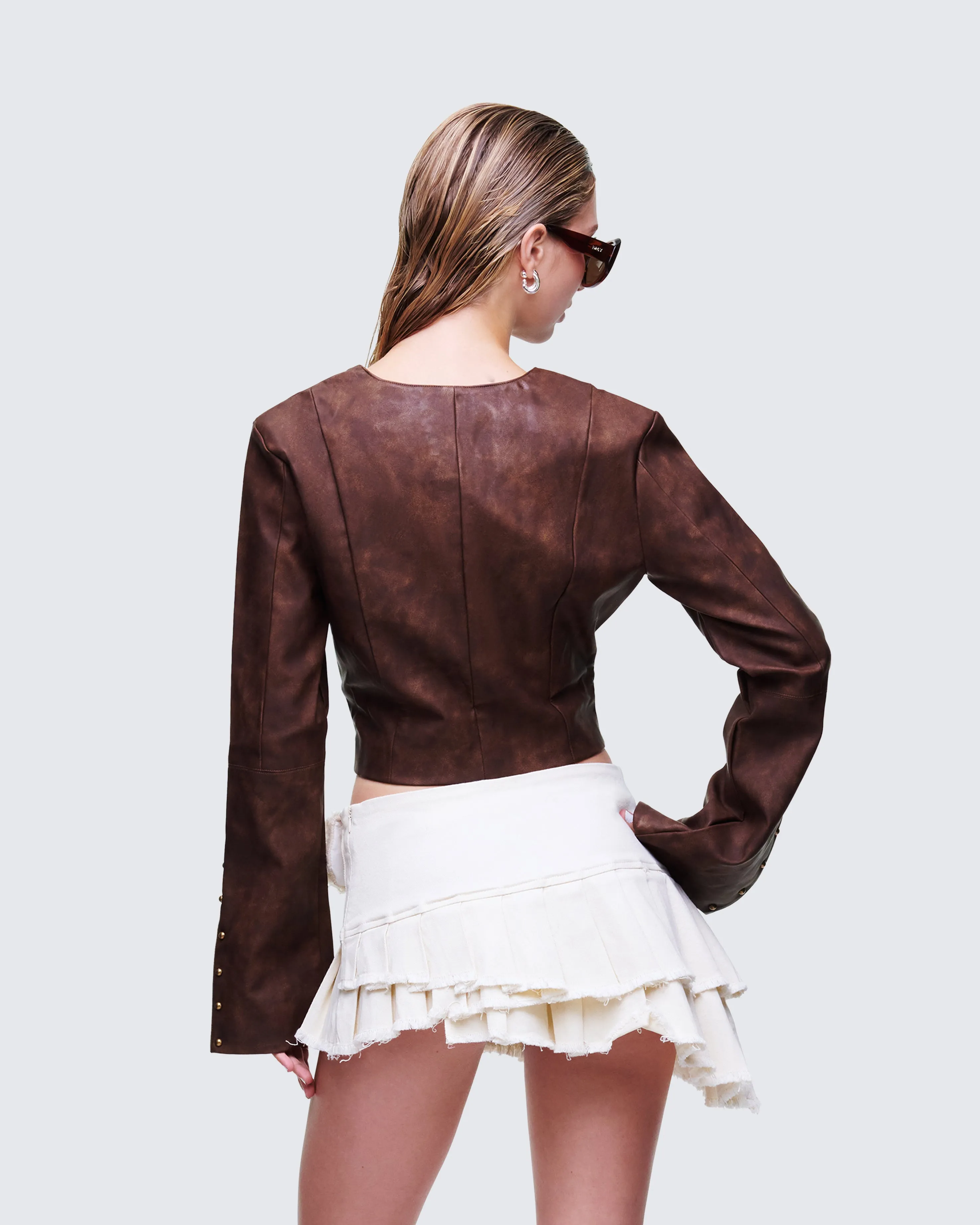 Viatrix Brown Vegan Leather Studded Jacket sold by Finesse product image thumbnail 4