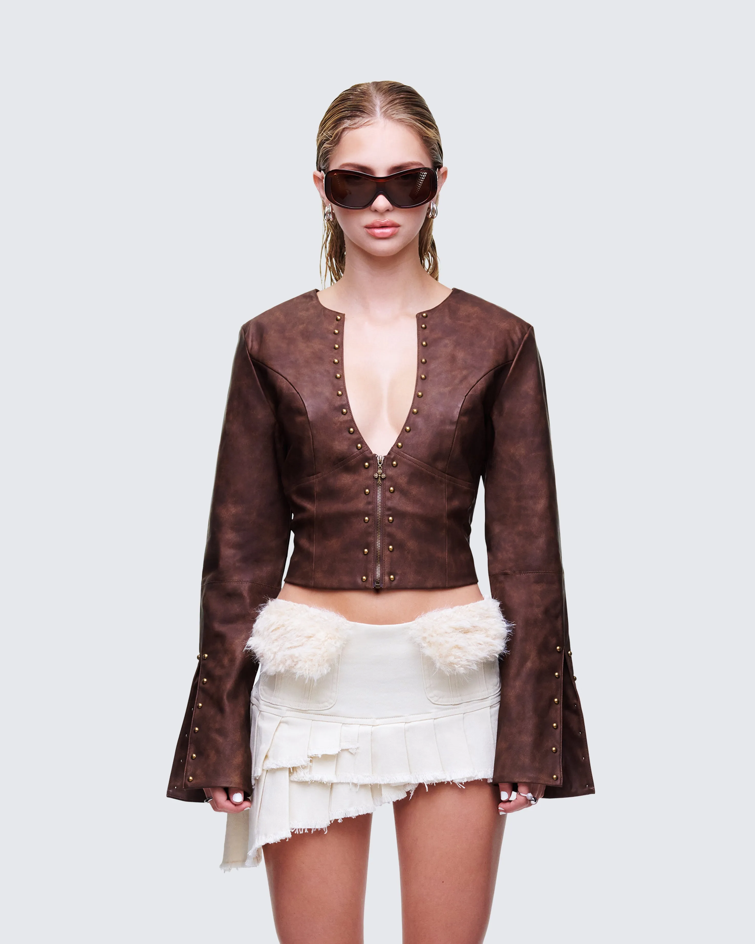 Viatrix Brown Vegan Leather Studded Jacket sold by Finesse product image thumbnail 2