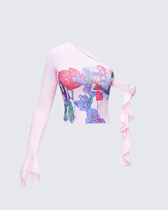 Sylphine Pink Printed Mesh Asymmetric Top made by Finesse