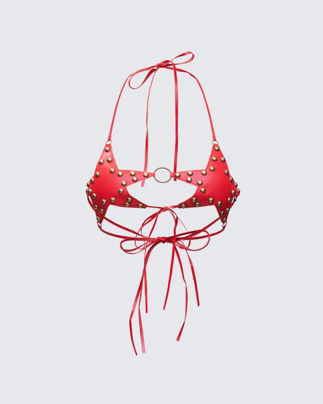 Reign Red Vegan Leather Star Bra sold by Finesse