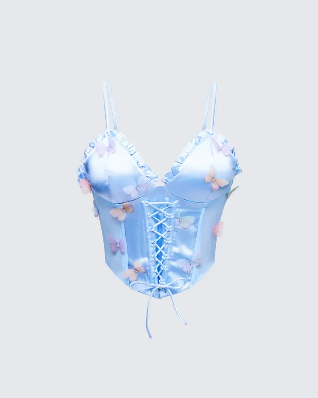 Faelina Blue Satin Butterfly Corset sold by Finesse