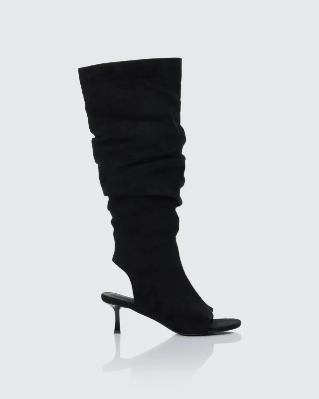 Stormi Black Faux Suede Open Toe Slouch Boots sold by Finesse