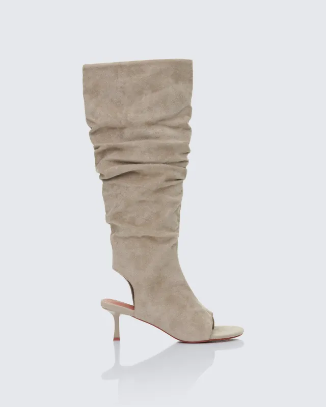 Stormi Sand Faux Suede Open Toe Slouch Boots sold by Finesse