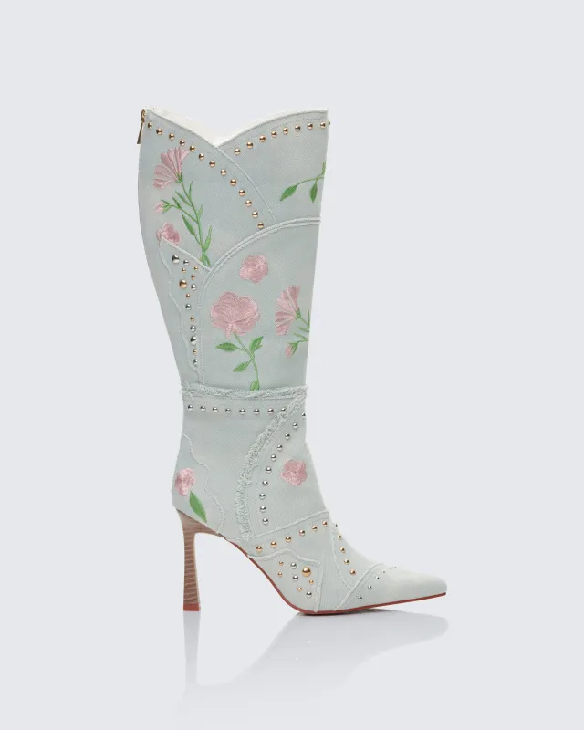 Carmen Blue Denim Embroidered Boot made by Finesse