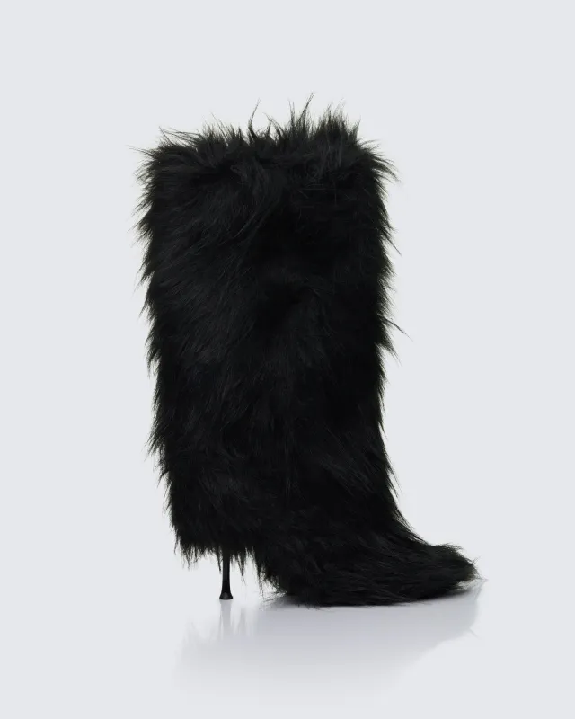 Kendall Black Fur XXL Yetti Heeled Boot sold by Finesse