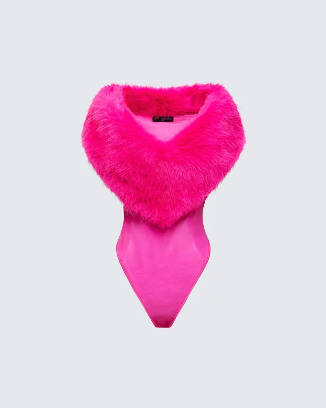 Nina Pink Fur Trim Bodysuit sold by Finesse