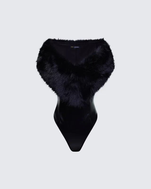 Nina Black Fur Trim Bodysuit sold by Finesse