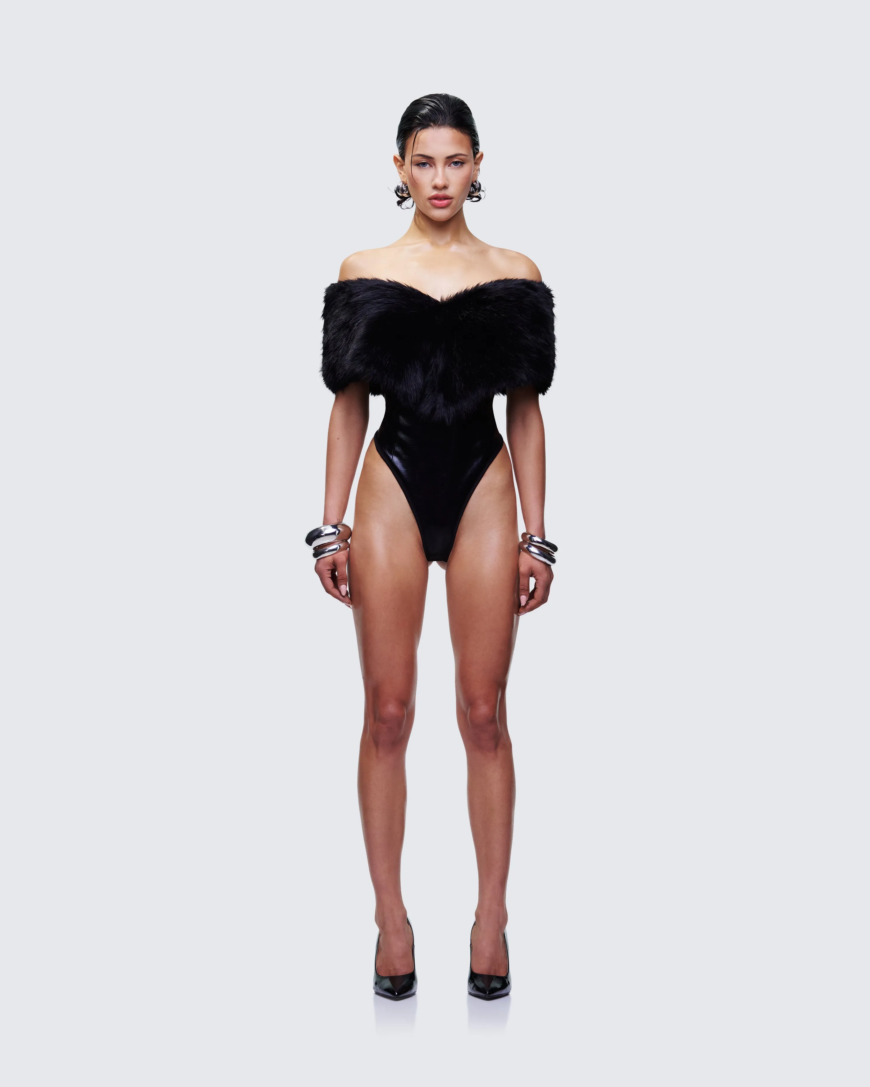 Nina Black Fur Trim Bodysuit sold by Finesse product image thumbnail 2