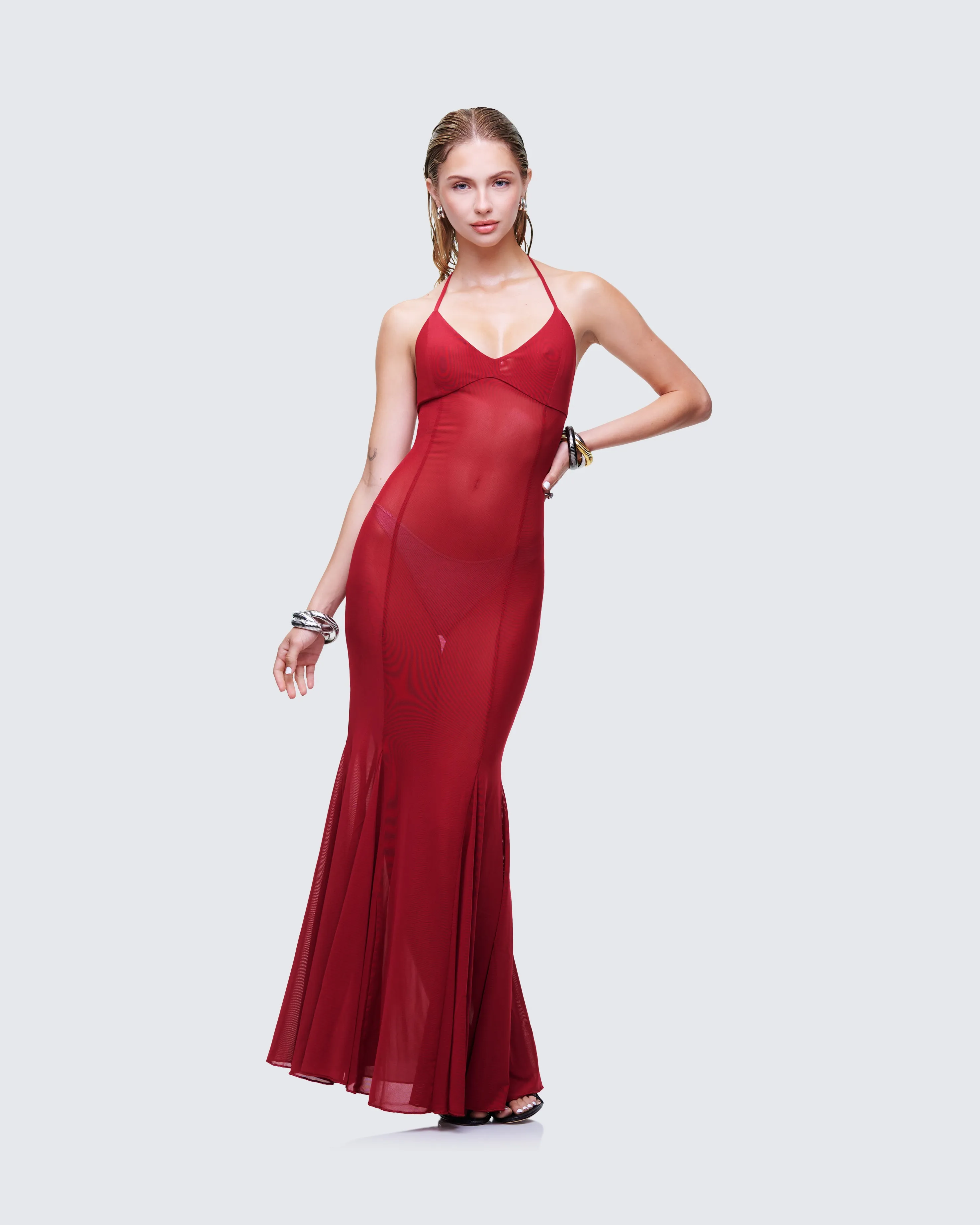 Ash Red Sheer Mesh Maxi Dress sold by Finesse product image thumbnail 3