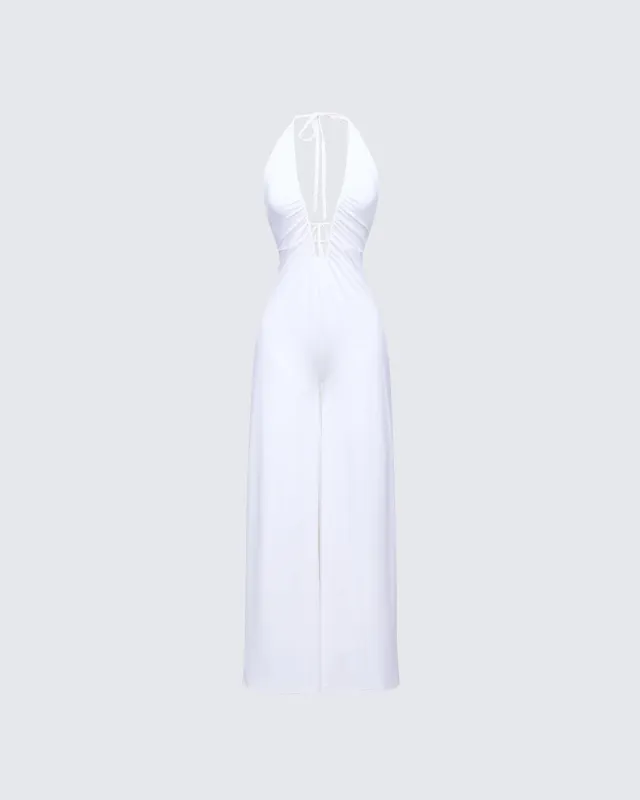 Saoirse White Plunge Neck Jumpsuit sold by Finesse