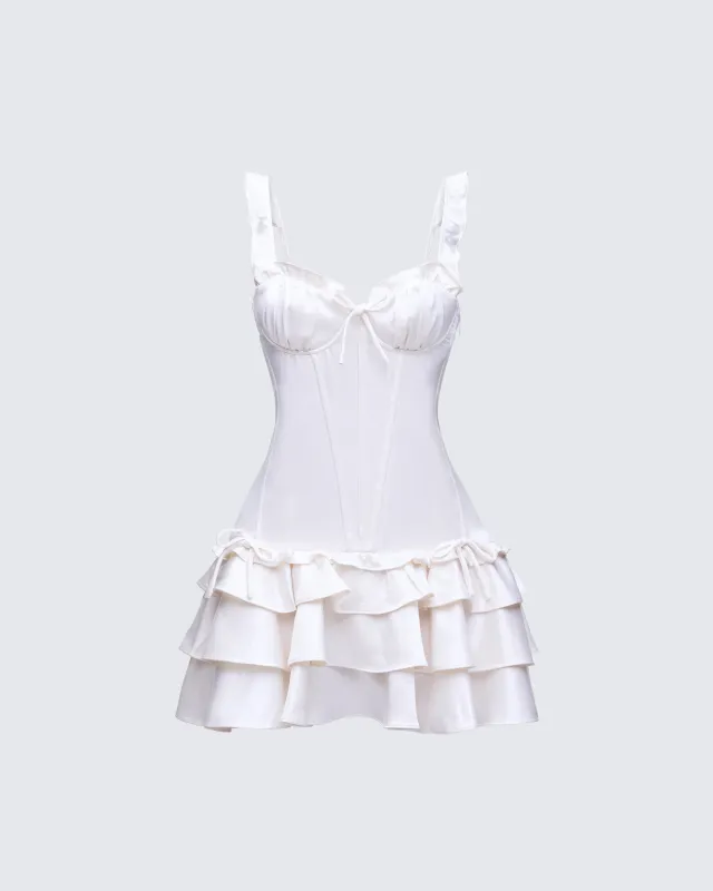 Odelle White Satin Ruffle Dress sold by Finesse