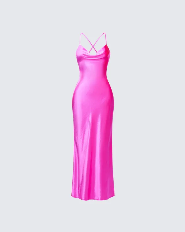 Elspeth Pink Satin Bias Slip Maxi Dress sold by Finesse